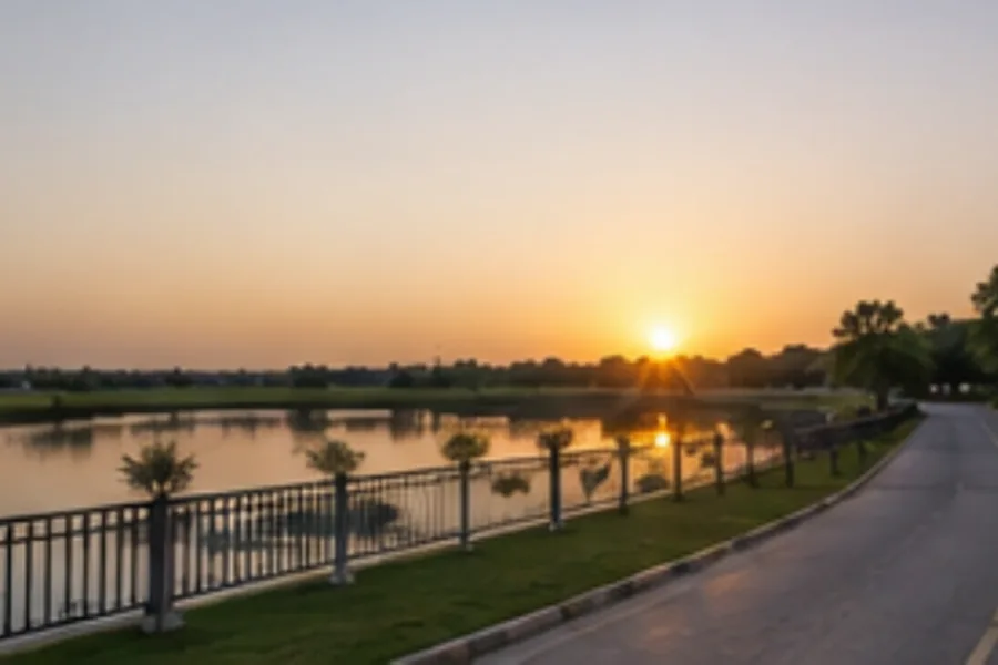 Concept view of a canal-side road at sunset